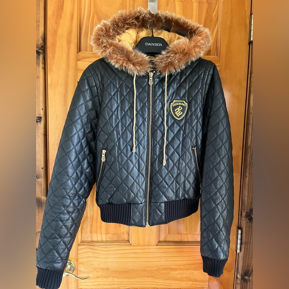 Y2K vintage ROCAWEAR genuine leather and fox fur bomber jacket with hood s m